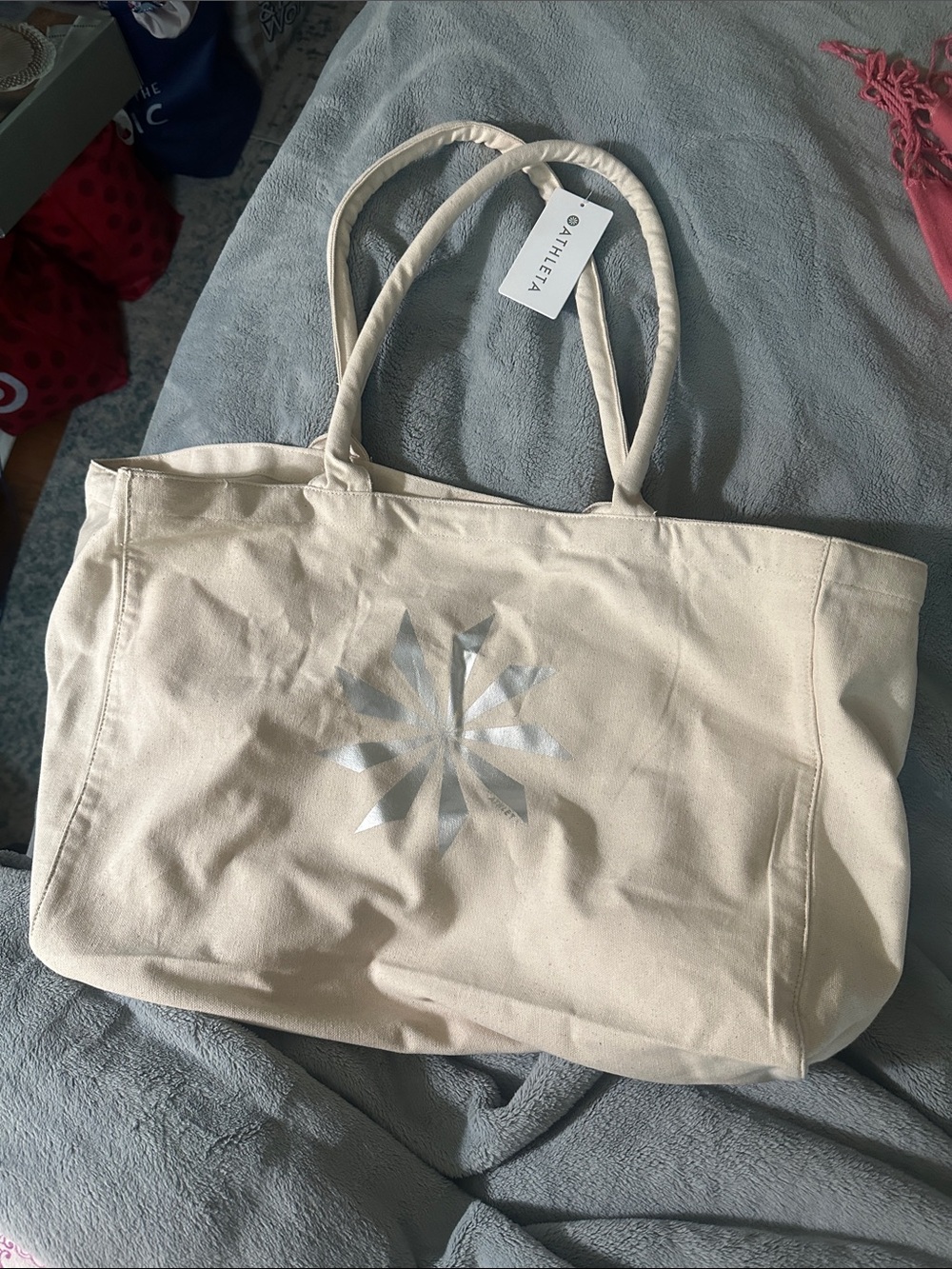 Athleta Cream Canvas Tote with Silver Logo